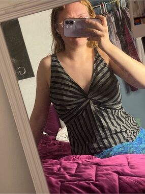Coco Reef Black and Gray Striped Twist-Front Camisole